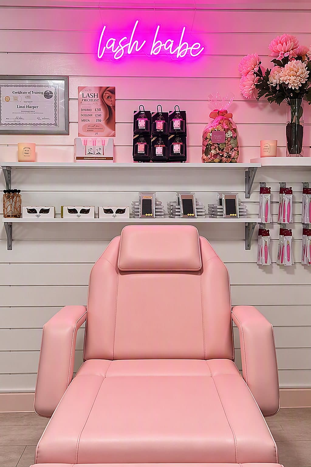 Audrey's lash studio — the pink treatment chair beneath the glowing 'lash babe' neon sign