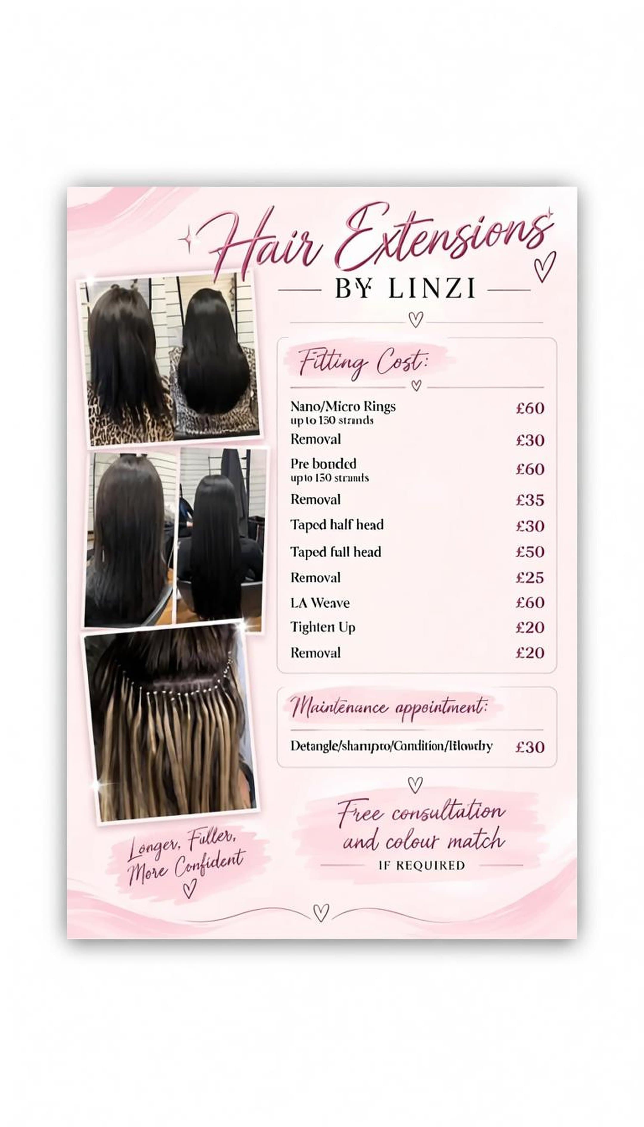Linzi's original hair extensions price list