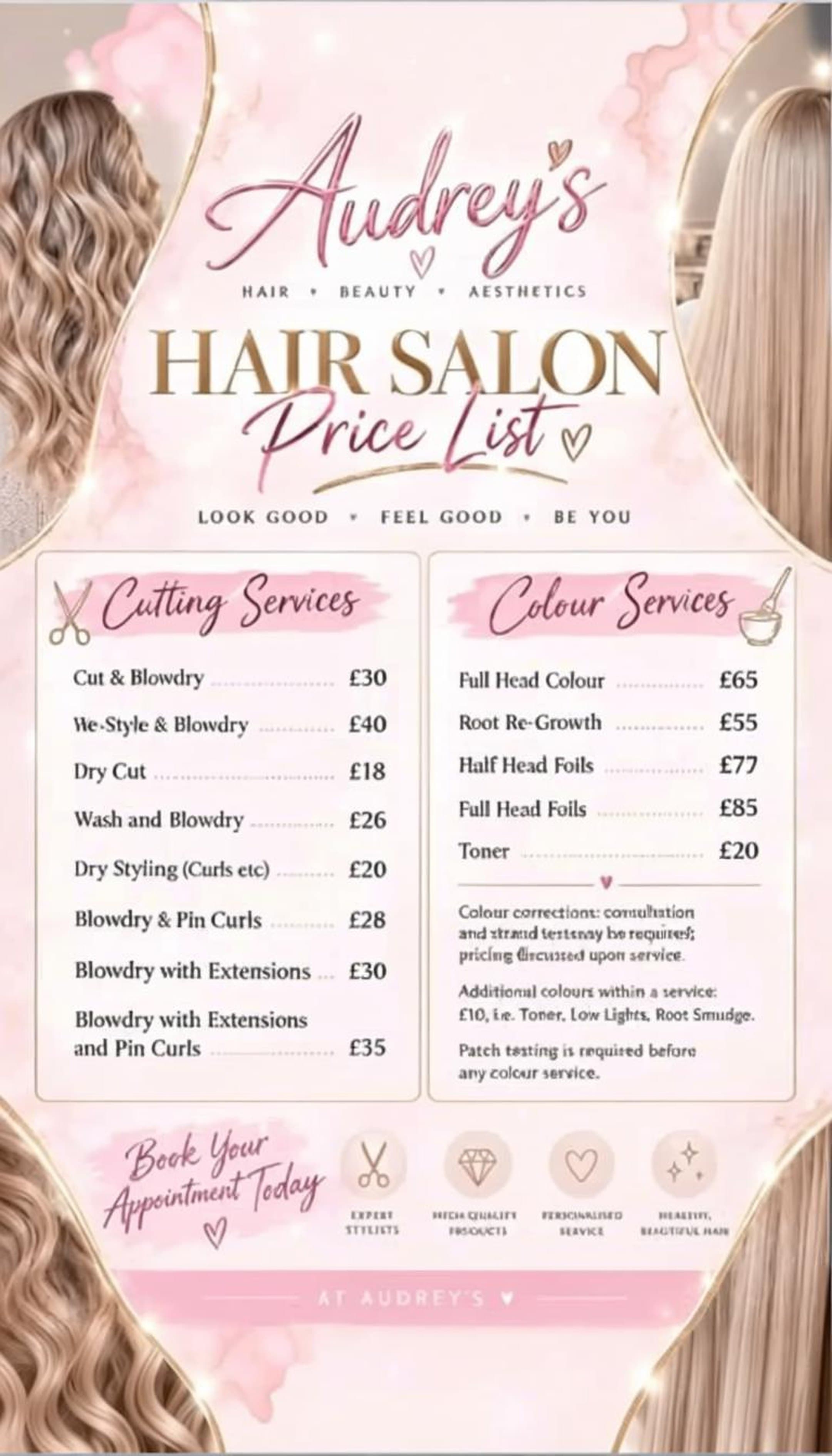 The salon's original hair price list — cutting and colour services