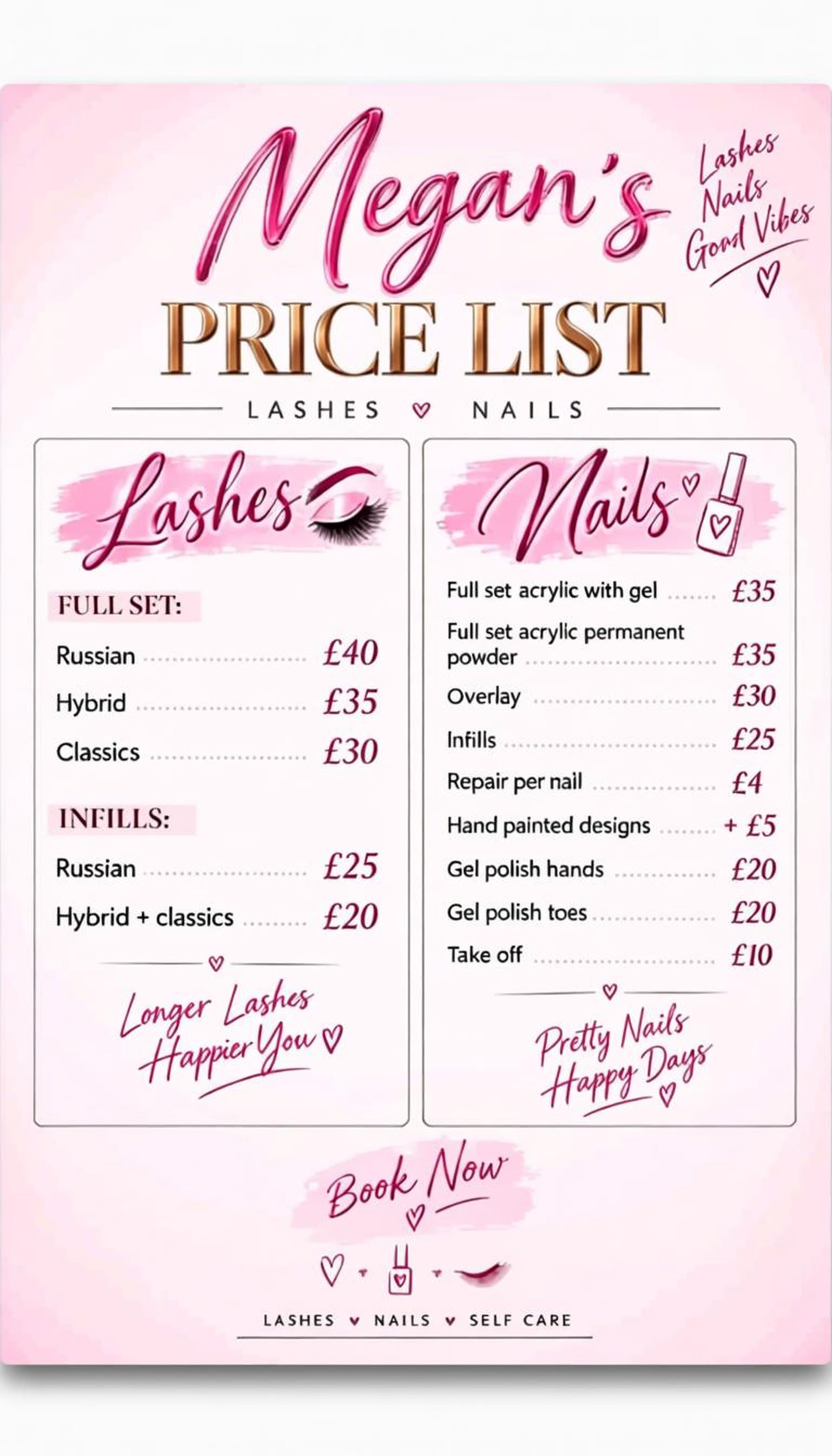 Megan's original lashes and nails price list