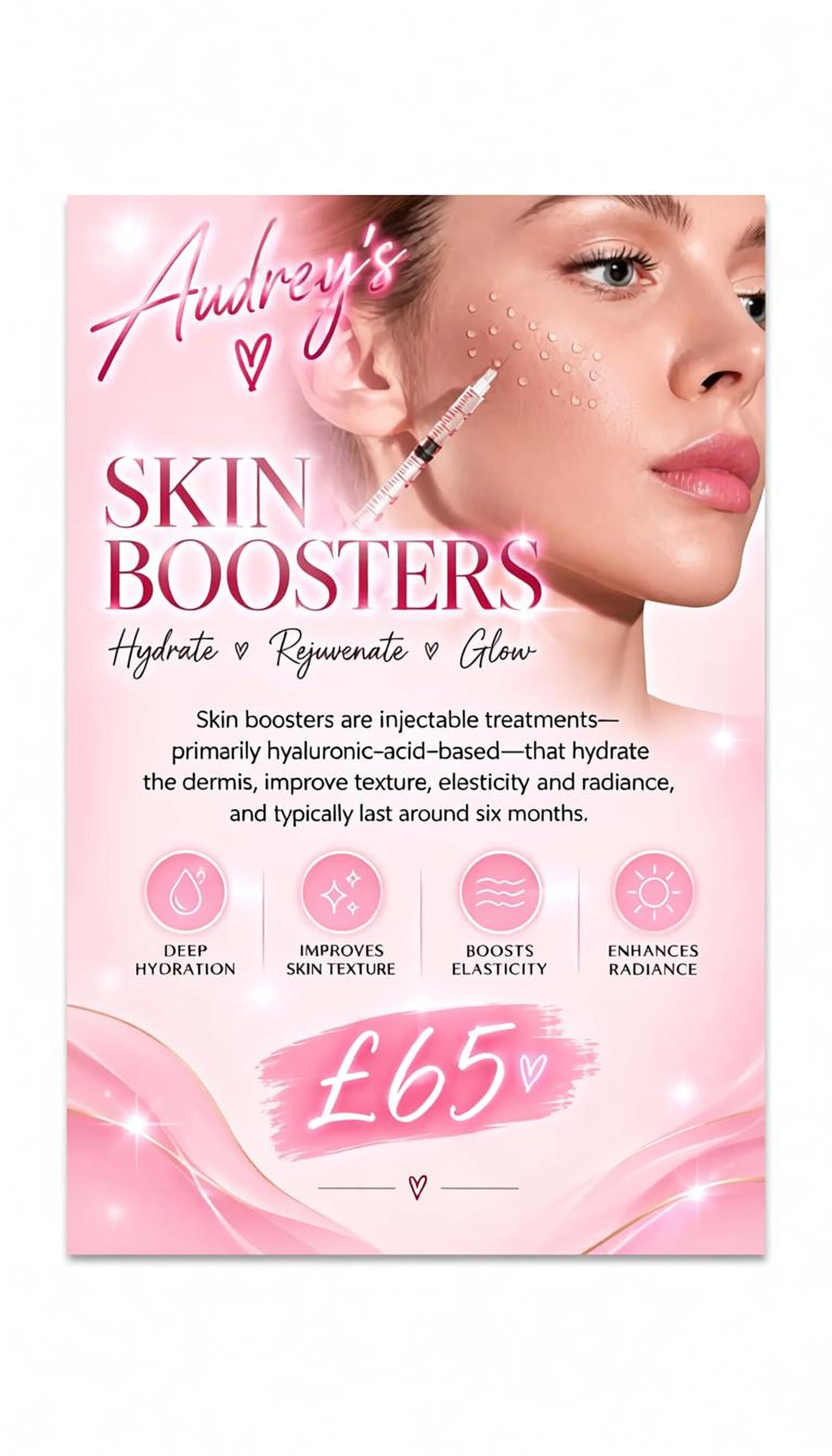 Skin Boosters treatment flyer — hydrate, rejuvenate, glow