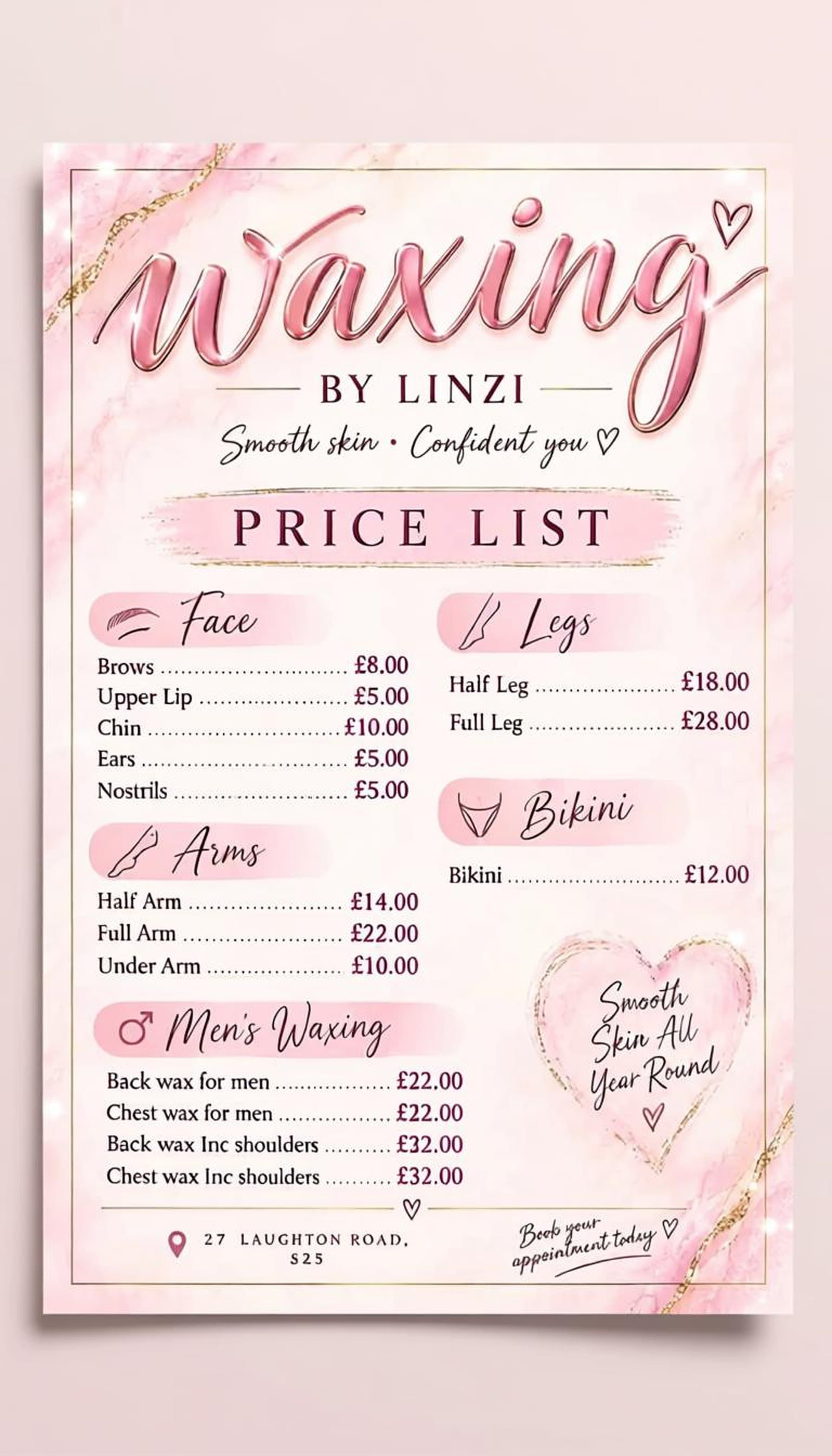 Linzi's original waxing price list
