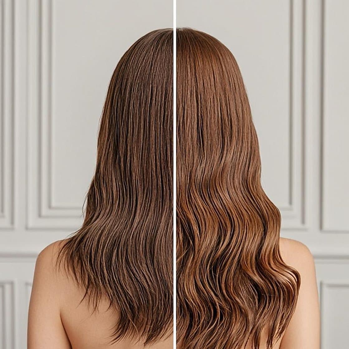 Hair extensions before and after — shoulder-length hair transformed with long, full length