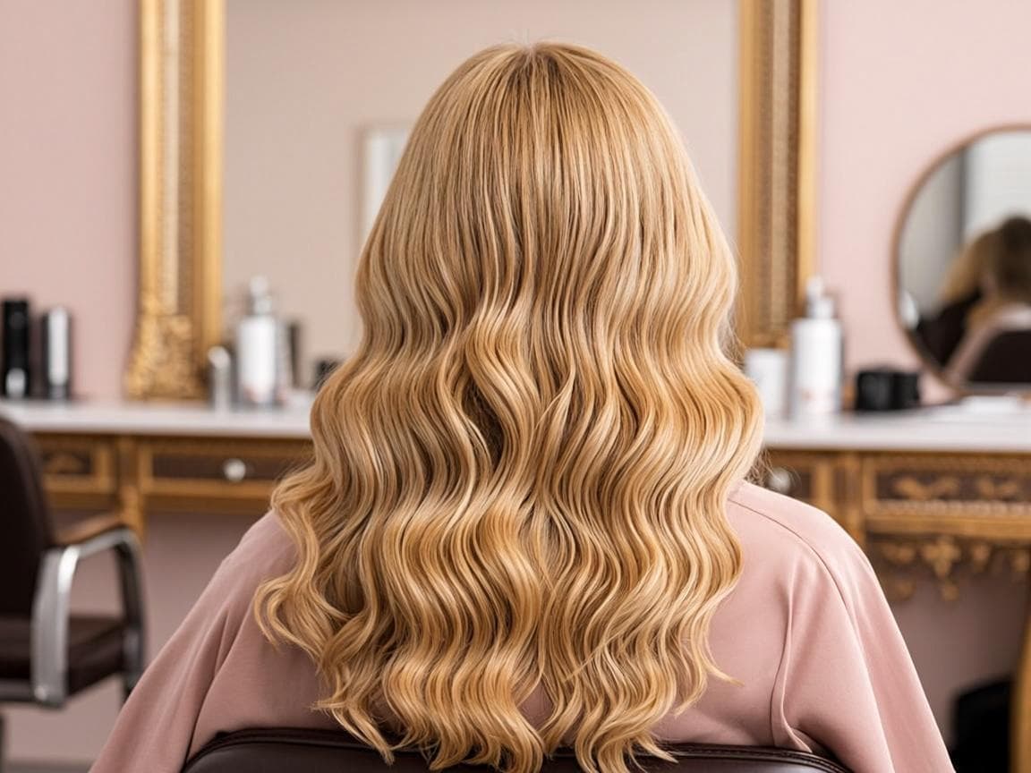 Stylist brushing long golden-blonde hair extensions