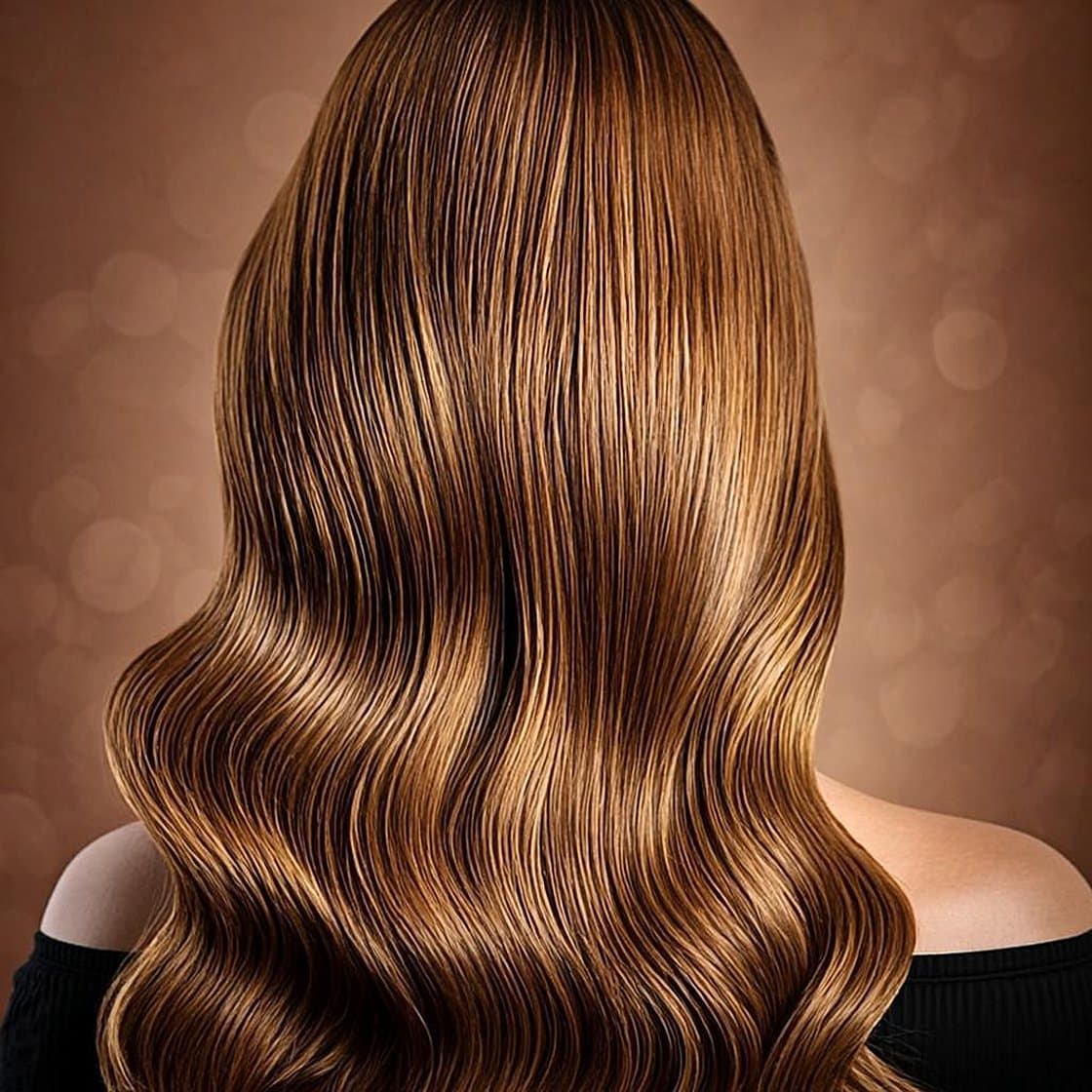 Back view of voluminous, glossy golden-blonde waves after a salon finish