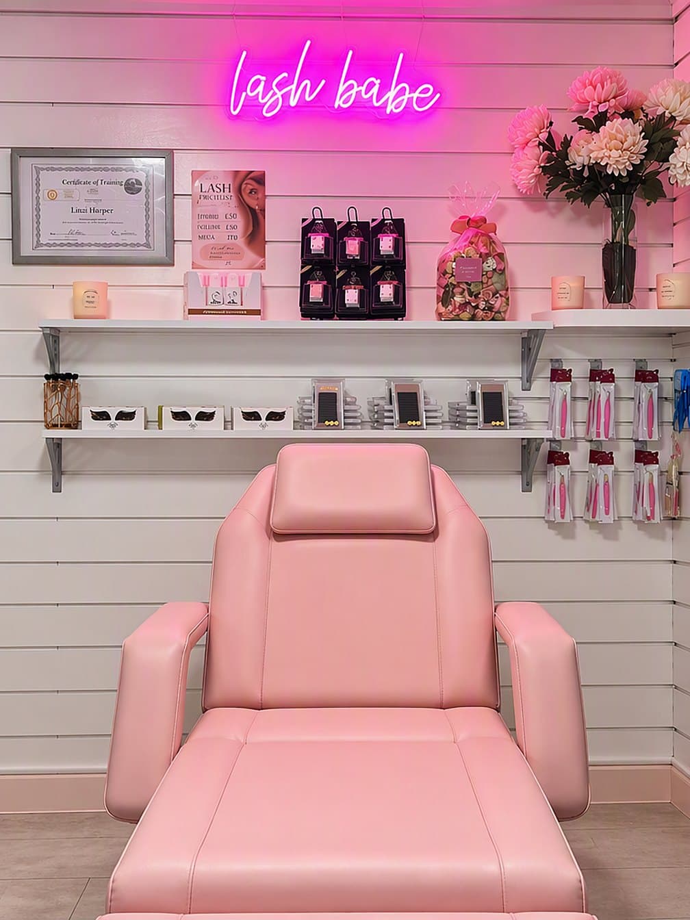 Audrey's real lash studio — the pink treatment bed centred beneath the glowing 'lash babe' neon sign
