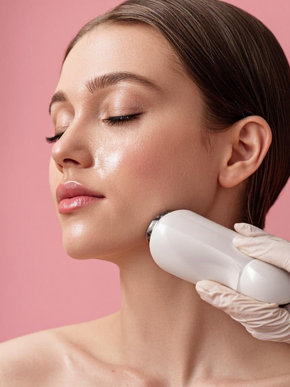 Aesthetician performing a micro-needling treatment with a derma pen on a client's cheek