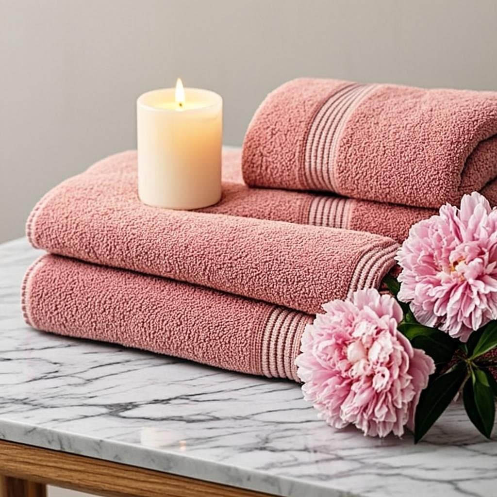 Folded blush-pink towels, a lit candle and fresh peonies ready for a treatment