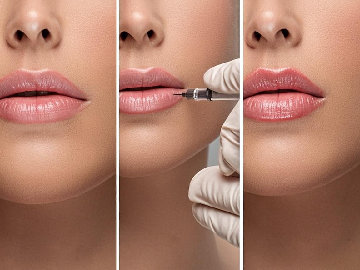 Lip blush treatment sequence — natural lips, pigment application and the healed rose-blush result