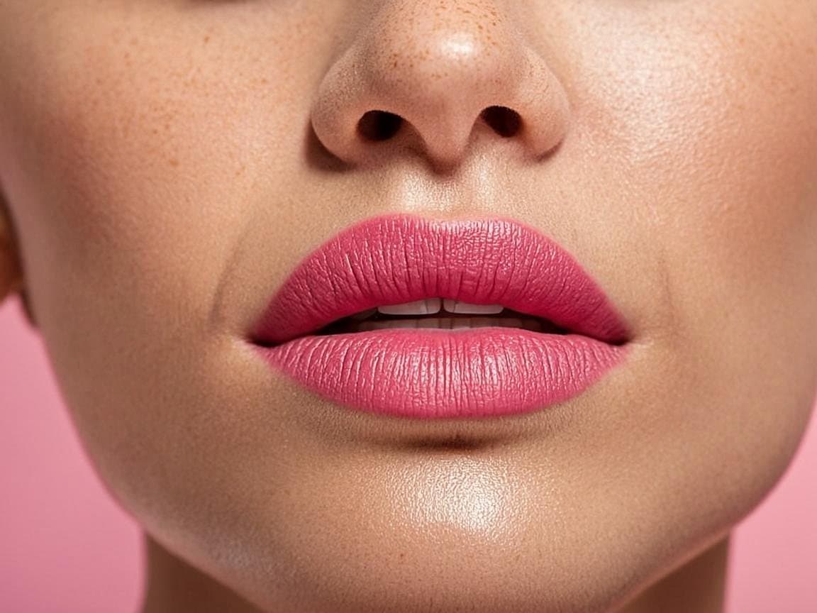 Full, glossy rose-pink lips after a lip filler treatment