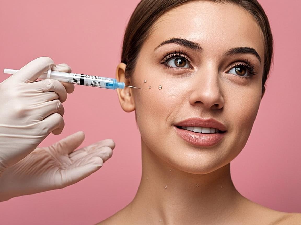 Aesthetician applying skin booster serum drops to a client's cheek with a fine syringe